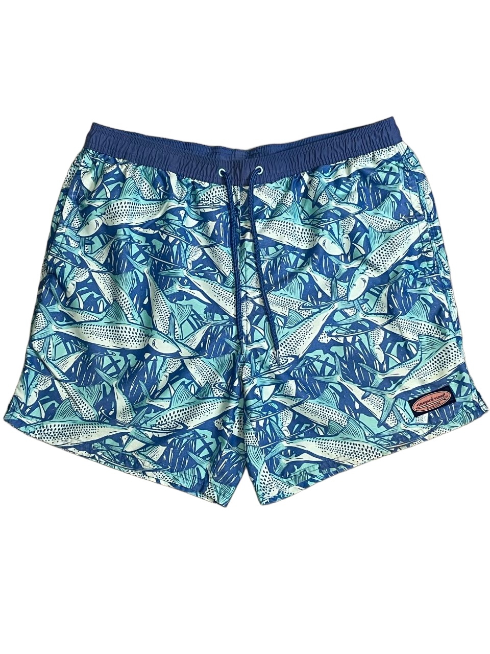 Vineyard Vines Blue & Aqua Fish-Print Swim Trunks Men’s Size L Resortwear Beach